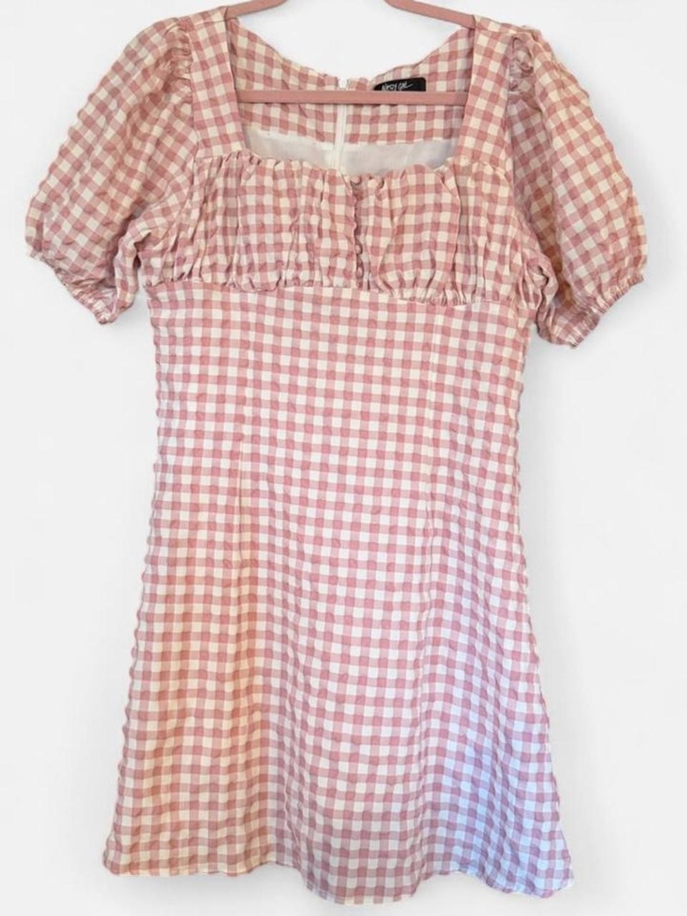 Nasty Gal Pink Gingham Puff-Sleeve Mini Dress L